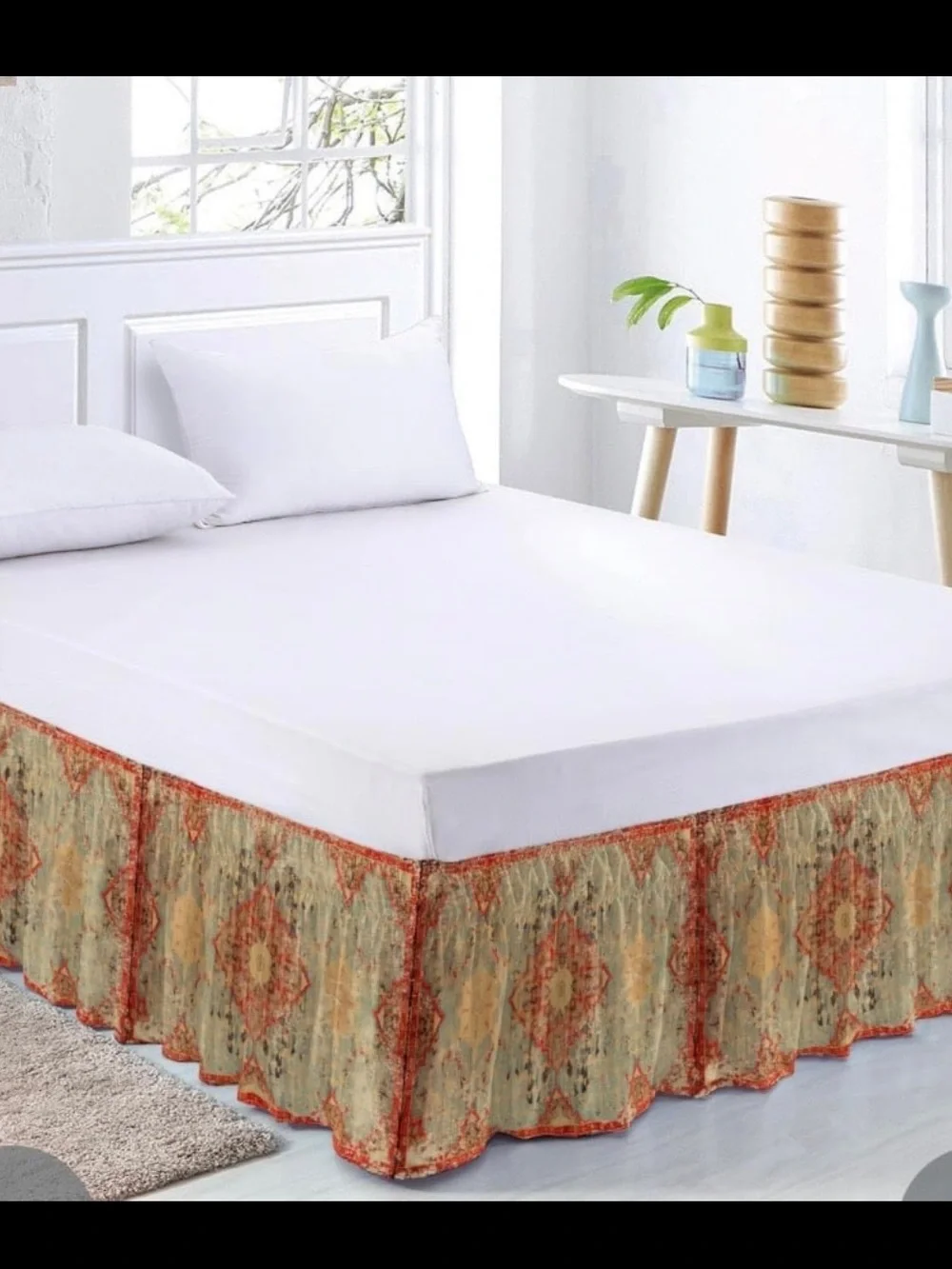 QUEEN Bed Skirt BOHO Geometric Turkish Pattern 16.5” Drop ORANGE GREEN